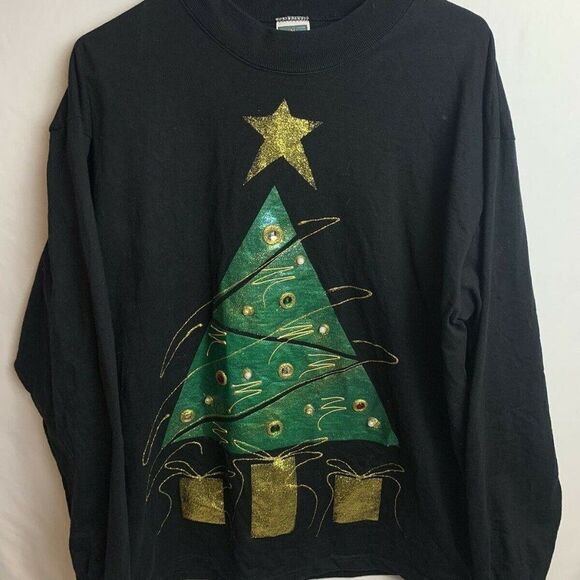 Vintage Black Avil Longsleeve Ugly Christmas Tree Star T-Shirt Size XL - Picture 1 of 4